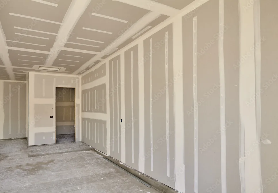 Gespachtelte Trockenbauwände und Decke in einem leeren Raum